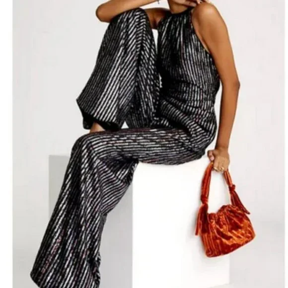 Anthropologie Maeve 26W NWT Metallic Disco Halter Wide Leg Jumpsuit Silver Black